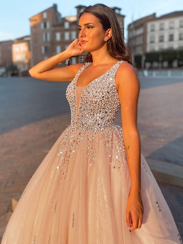 BMbride Ball Gown Tulle V-neck Beading Sleeveless Floor-Length Prom Dresses BMbride
