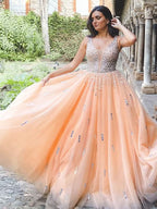 BMbride Ball Gown Tulle V-neck Beading Sleeveless Floor-Length Prom Dresses BMbride