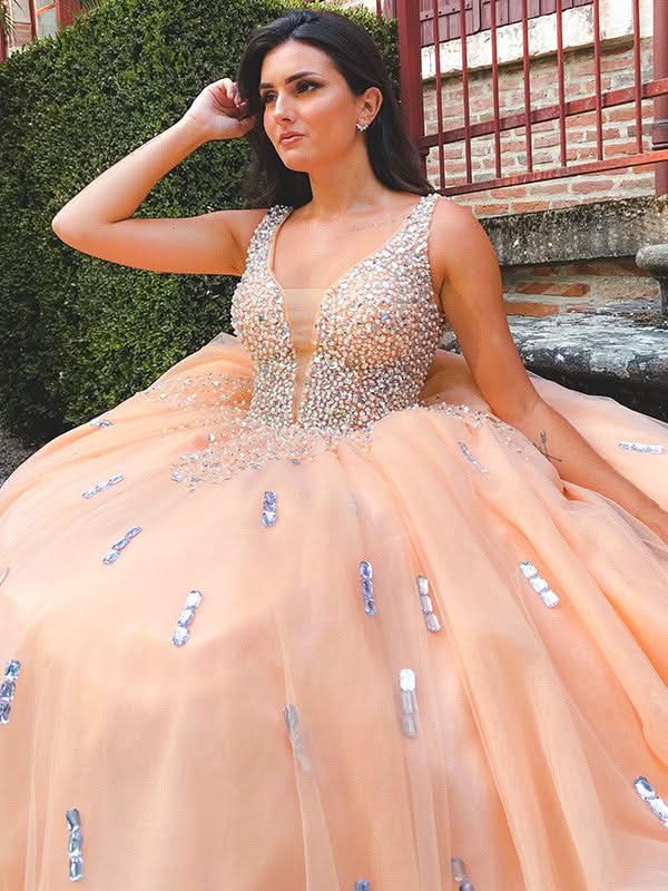 BMbride Ball Gown Tulle V-neck Beading Sleeveless Floor-Length Prom Dresses BMbride
