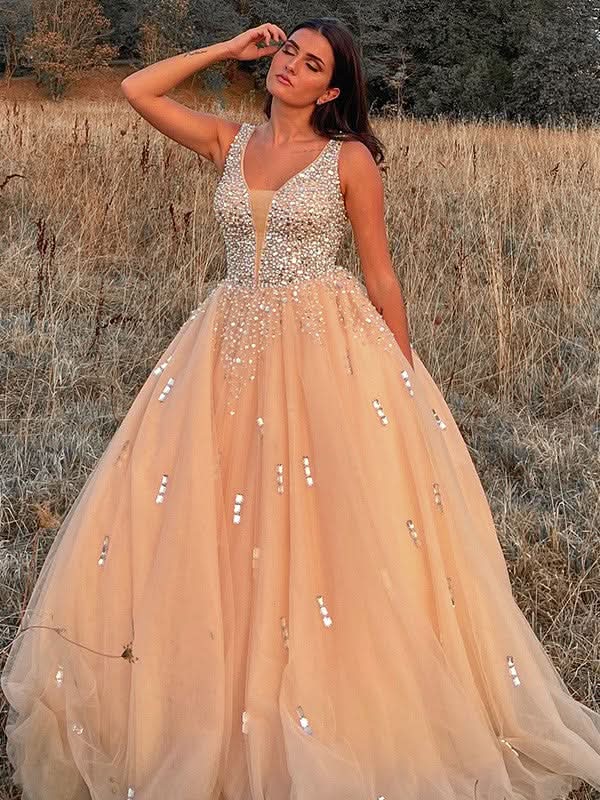 BMbride Ball Gown Tulle V-neck Beading Sleeveless Floor-Length Prom Dresses BMbride