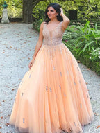 BMbride Ball Gown Tulle V-neck Beading Sleeveless Floor-Length Prom Dresses BMbride