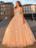 BMbride Ball Gown Tulle V-neck Beading Sleeveless Floor-Length Prom Dresses BMbride