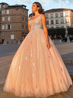 BMbride Ball Gown Tulle V-neck Beading Sleeveless Floor-Length Prom Dresses BMbride