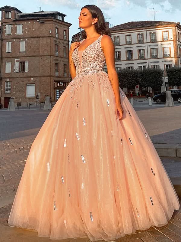 BMbride Ball Gown Tulle V-neck Beading Sleeveless Floor-Length Prom Dresses BMbride