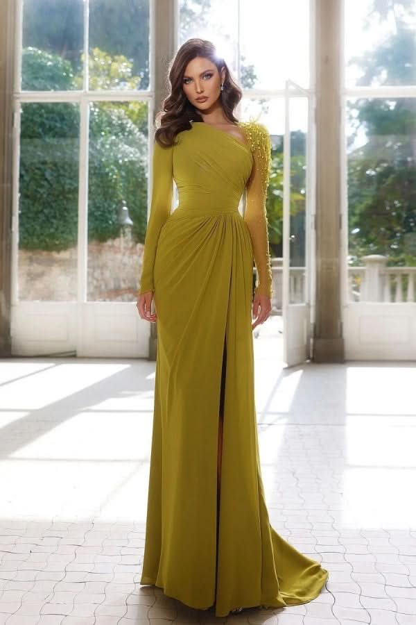 Elegant Long Sleeve Yellow Prom Dress with Asymmetric Pleated Slit BM bride