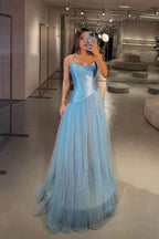 Chic Tulle Strapless Sleeveless Long Prom Dress With Pleated