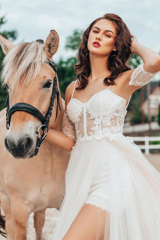 Spaghetti Strap Lace Wedding Dress with Detachable Sleeves and Split BM bride