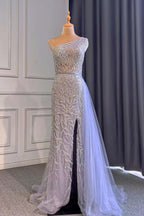 Light Purple Front Split One-Shoulder Beaded Mermaid Prom Dress with Long Ruffles BM bride