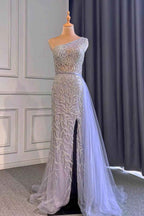 Light Purple Mermaid Beads One Shoulder Prom Dress With Long Ruffles Appliques Front Split