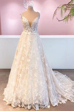 A-Line Sweetheart Floor-Length Wedding Dress with Lace and Tulle Appliques BM bride
