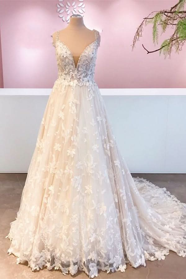 A-Line Sweetheart Floor-Length Wedding Dress with Lace and Tulle Appliques BM bride