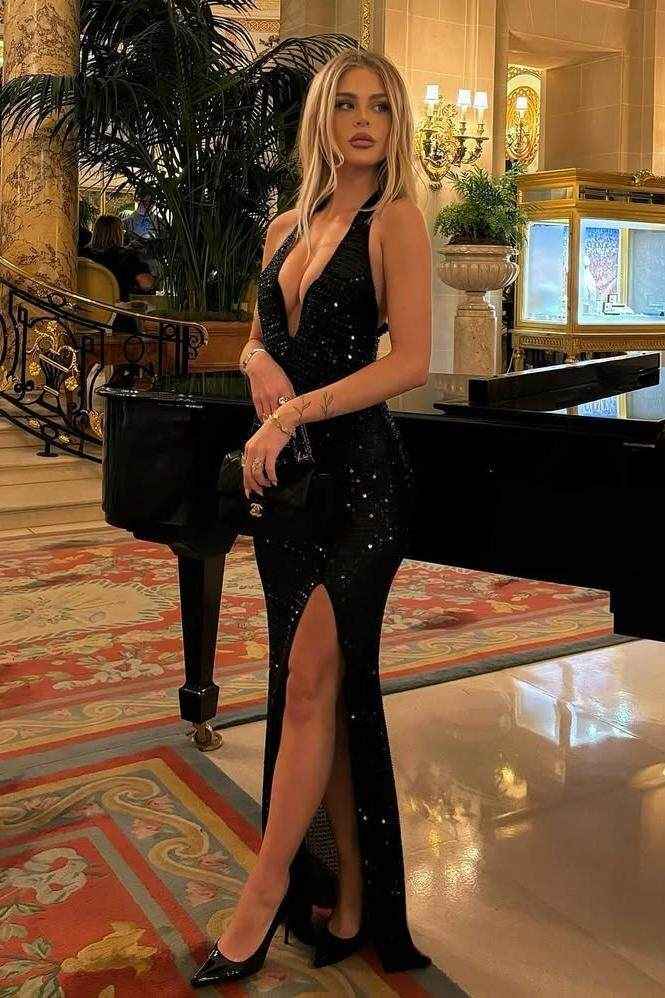 Sequins Halter Sleeveless Deep V Neck Long Prom Dress With Split