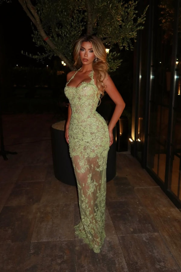 Halter Sleeveless Long Mermaid Prom Dress With Lace Embroidery BMBRIDE