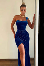 One Shoulder Sleeveless Pleated Mermaid Long Prom Dress With Split