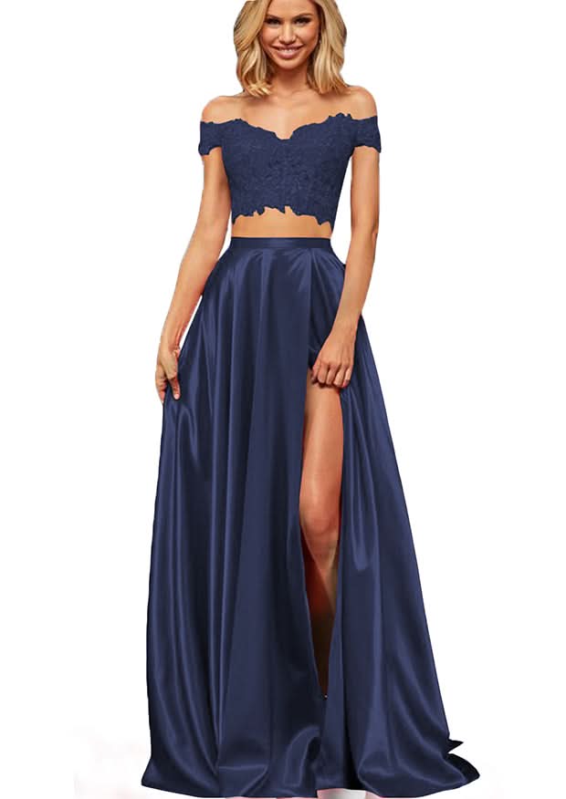 Off-the-Shoulder Two Pieces Prom Dress with Appliques and Slit BM bride