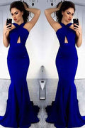 Glamorous Royal Blue Halter Sleeveless Backless Long Mermaid Prom Dress