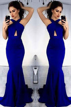 Glamorous Royal Blue Halter Sleeveless Backless Long Mermaid Prom Dress