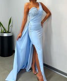 Black One-Shoulder V-Neck Long Prom Dress with Sequin Appliqued and Slit BM bride