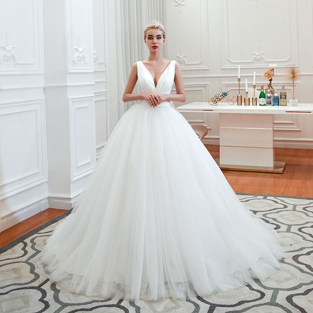 Wide Strap Deep V-Neck Floor-Length A-Line Wedding Dress with Tulle BM bride