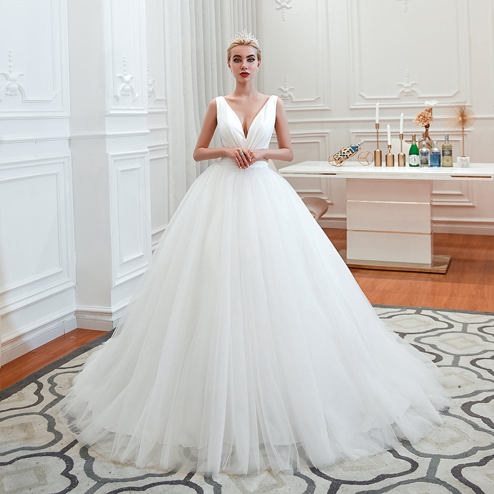 Wide Strap Deep V-Neck Floor-Length A-Line Wedding Dress with Tulle BM bride