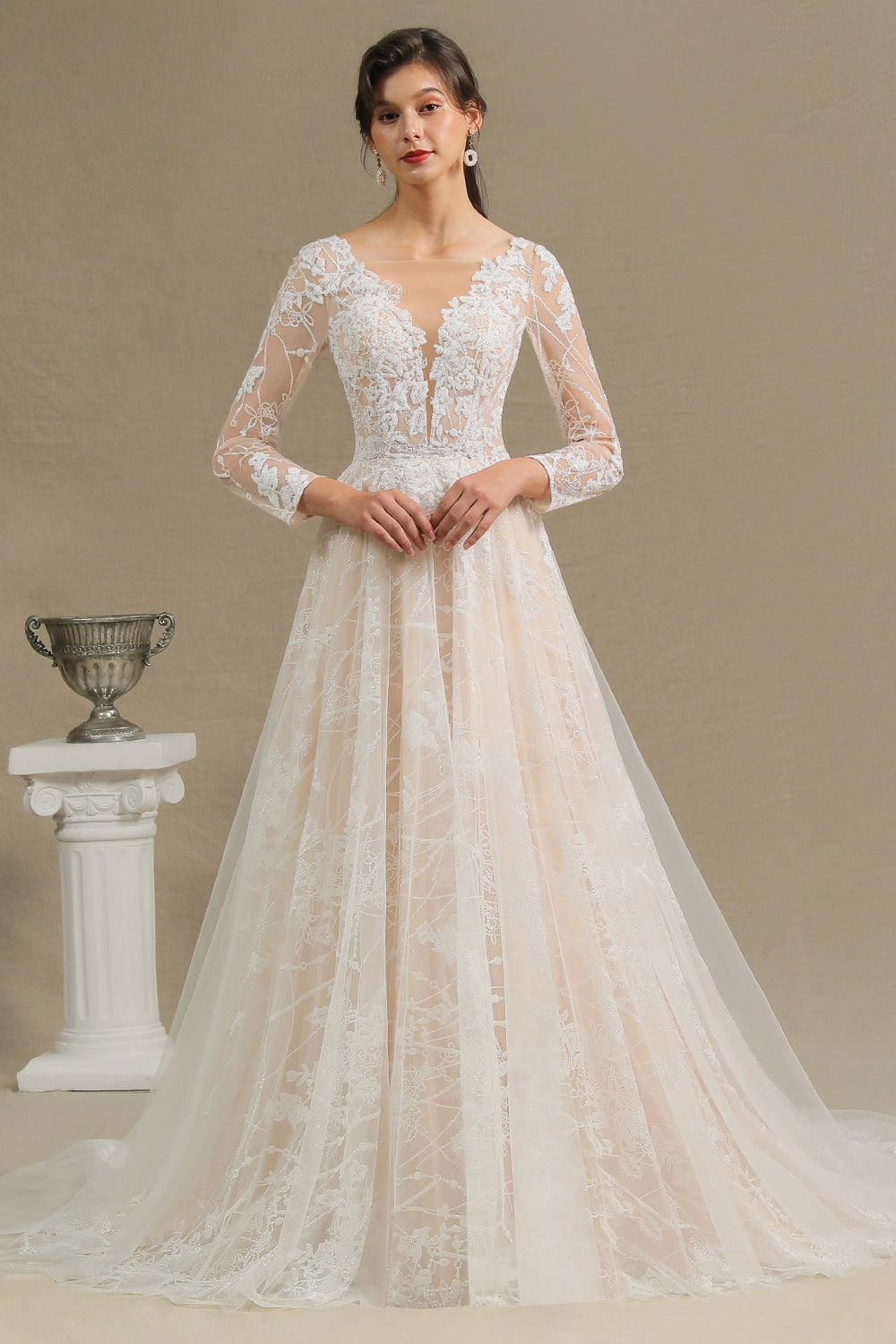 Sheer Long Sleeve A-Line Illusion Tulle Wedding Dress with Lace BM bride