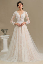 Sheer Long Sleeve A-Line Illusion Tulle Wedding Dress with Lace BM bride