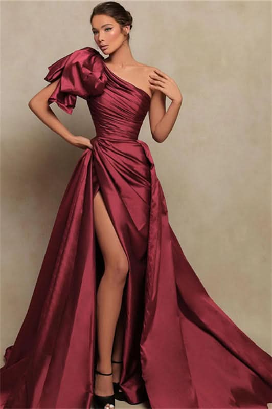 Burgundy Mermaid Long Evening Dress with Strapless and Split BM bride