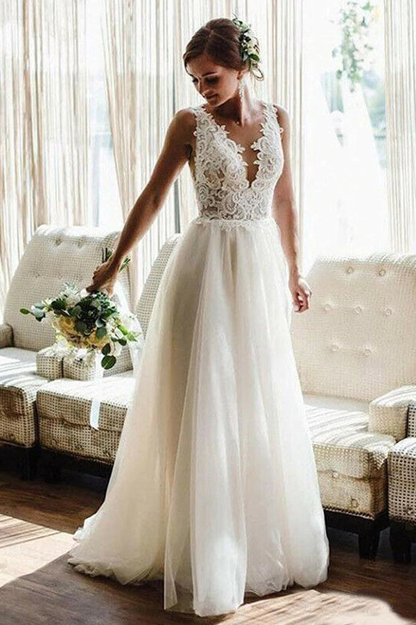 Strappy V-Neck A-Line Sleeveless Backless Wedding Dress with Lace Appliques BM bride