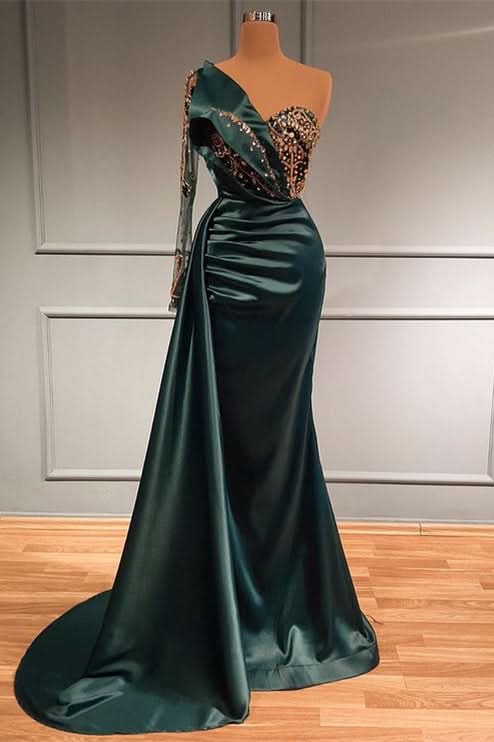 Dark Green Beads Mermaid Long Lace Sleeves Evening Dress with Appliques BM bride