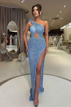 Sequins One Shoulder Sleeveless Mermaid Pleated Long Prom Dress With Split