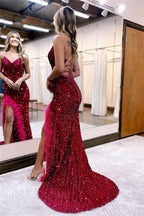 Elegant V Neck Evening Dress with Sequins Long Mermaid with Feather BM bride