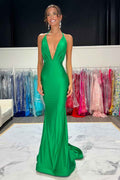 Halter V Neck Sleeveless Backless Mermaid Long Prom Dress With Pleated