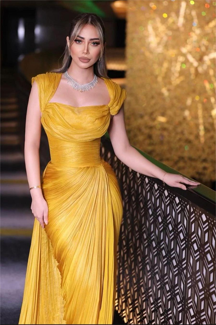 Daffodils Square Neck Sleeveless High Waist Long Pleated Prom Dress With Split BMBRIDE