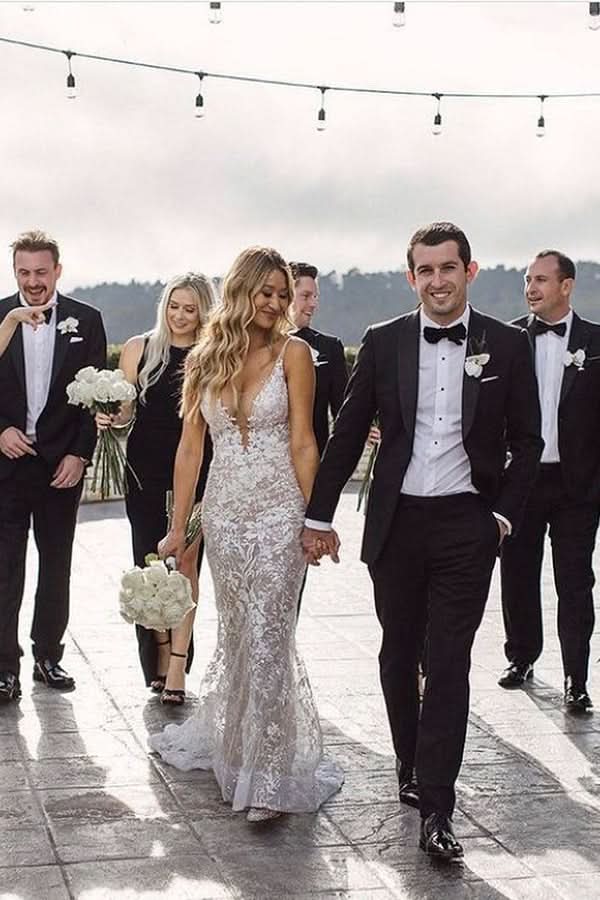 Mermaid Spaghetti Straps Lace V-neck Jewel Wedding Dress with Glamorous Appeal BM bride