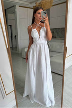 Spaghetti Strap Backless Sleeveless Long Split Prom Dress With Pleated