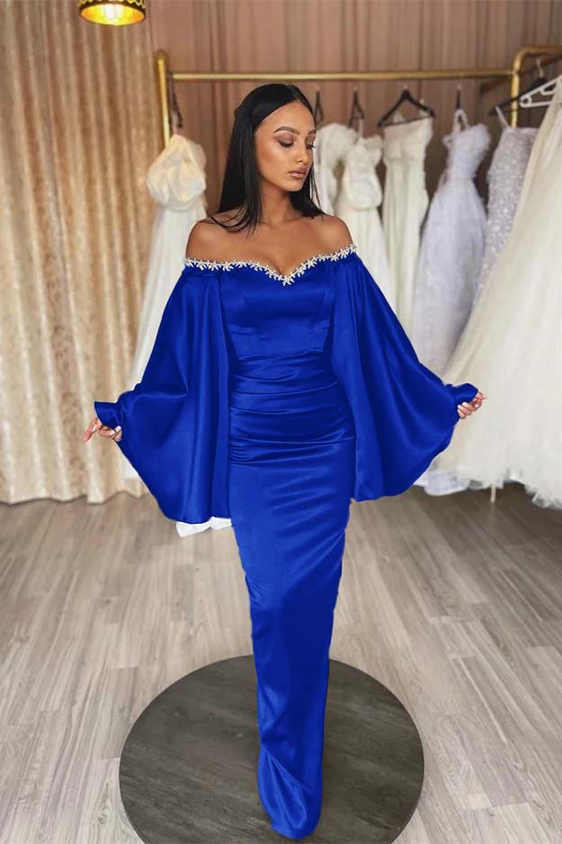 Off the Shoulder Long Sleeves Pleated Long Prom Dress With Beading BMBRIDE