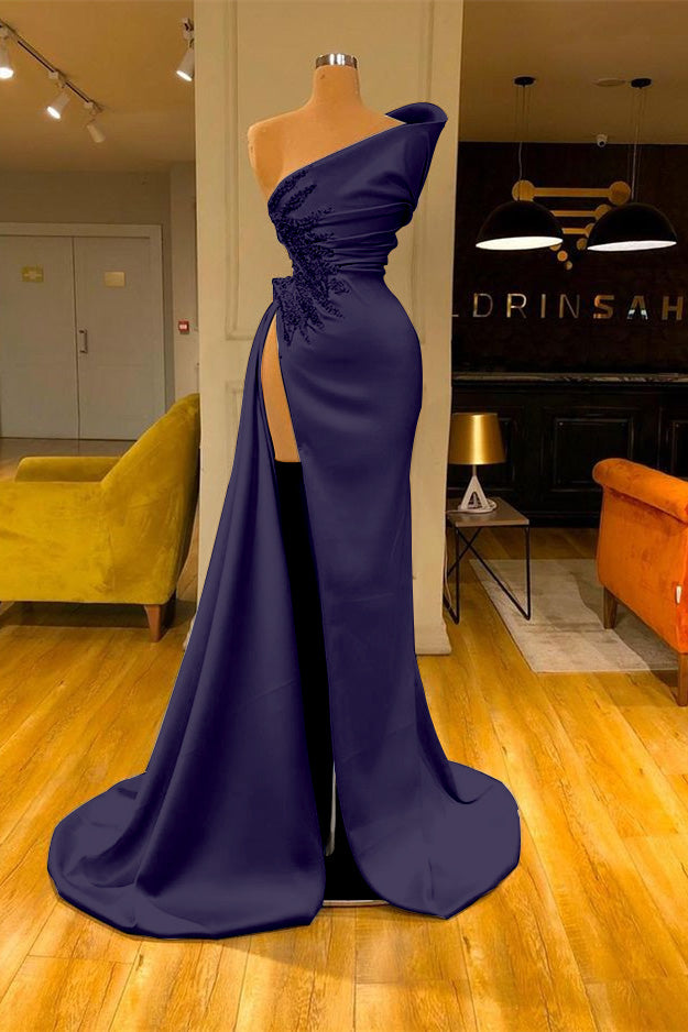Sky Blue Mermaid One Shoulder Sleeveless Long Split Prom Dress With Beadings
