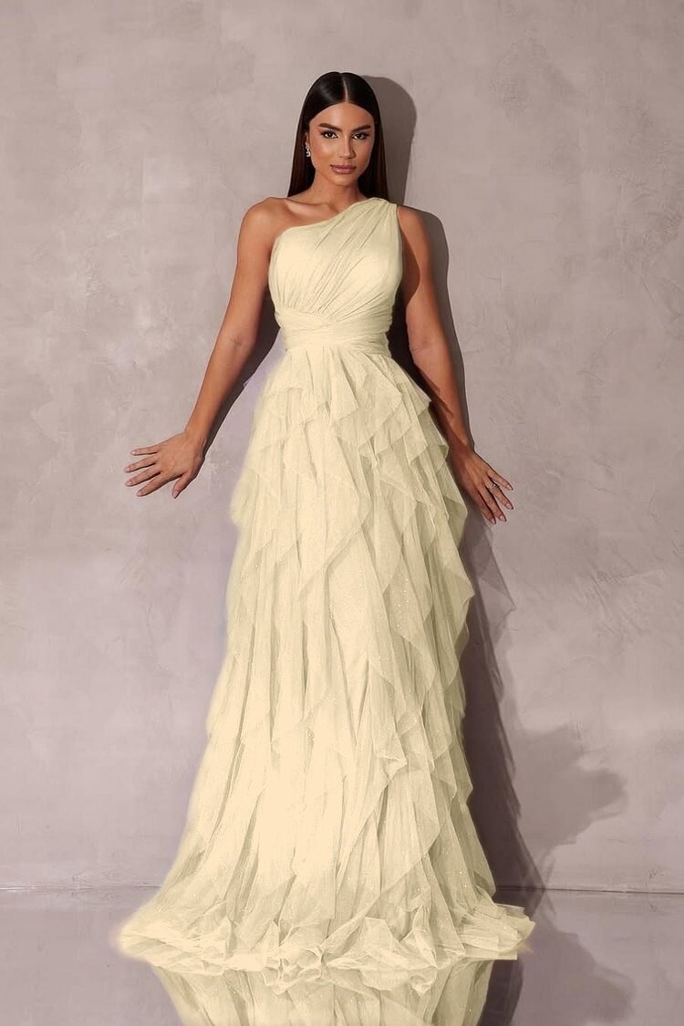 Chic One Shoulder Sleeveless Long Prom Dress With Tulle Ruffle