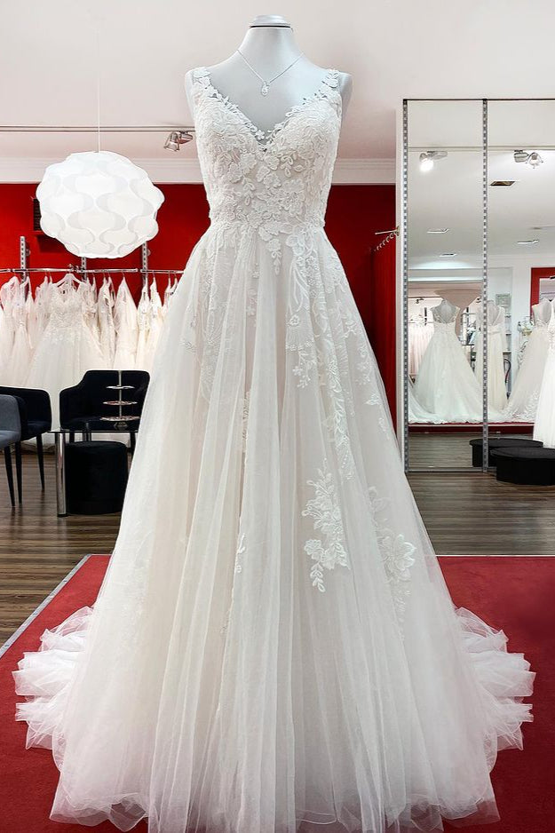 Elegant A-line Tulle V-Neck Open Back Wedding Dress With Lace Ruffles BM bride