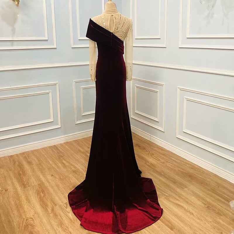 One shoulder Sequins Long Sleeves Grape Appliques Bead Embroidery Long Prom Dress