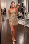Sparkly Gold Spaghetti Straps Sequins Tight Short Hoco Dress with Fringes Bmbride