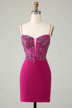 Sparkly Purple Beaded Spaghetti Straps Corset Tight Short Homecoming Dress