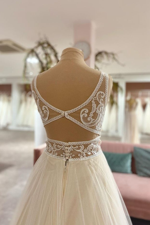 Sweetheart A-Line Floor-Length Tulle Wedding Dress with Lace Appliques BM bride