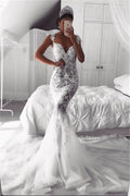 Elegant Cap Sleeve Mermaid Wedding Dress with Lace Appliques and Zipper Back BM bride