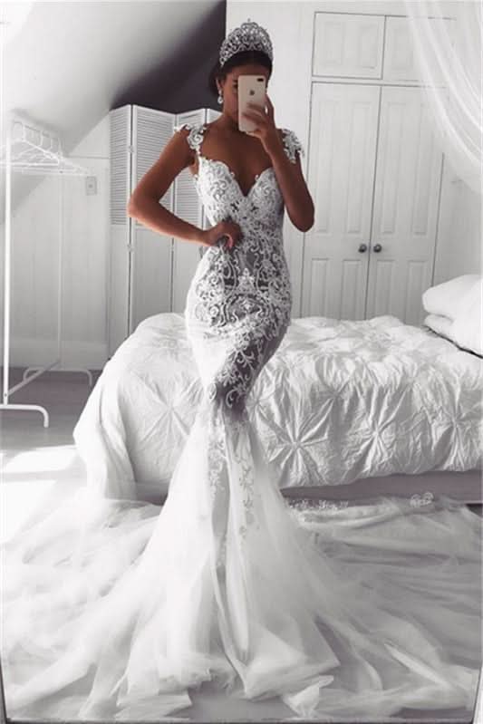 Elegant Cap Sleeve Mermaid Wedding Dress with Lace Appliques and Zipper Back BM bride