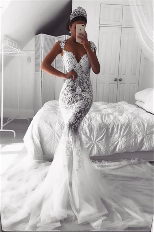 Elegant Cap Sleeve Mermaid Wedding Dress with Lace Appliques and Zipper Back BM bride