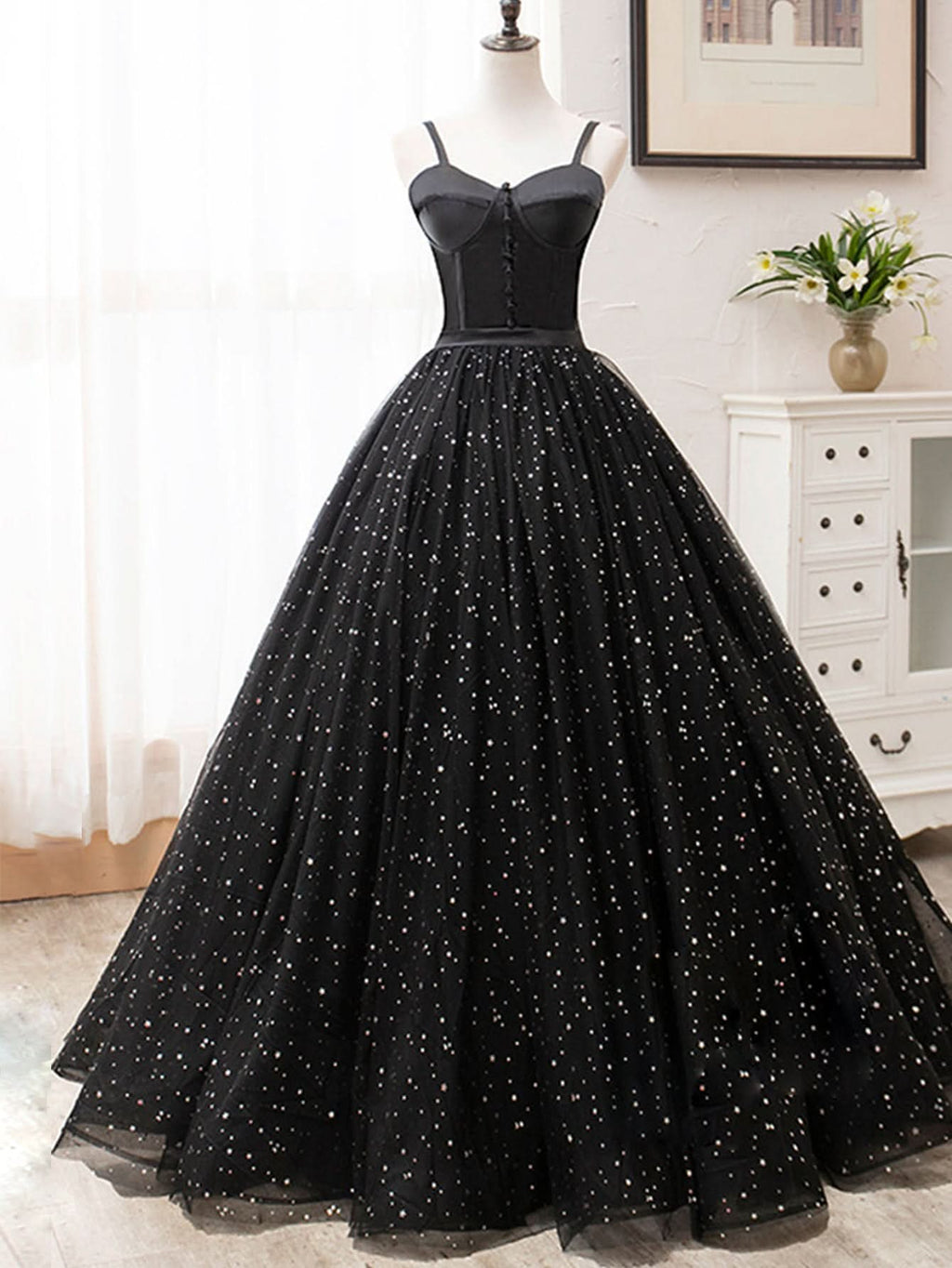 Dazzling V Neck Glitter Black Long Prom Dress BM bride