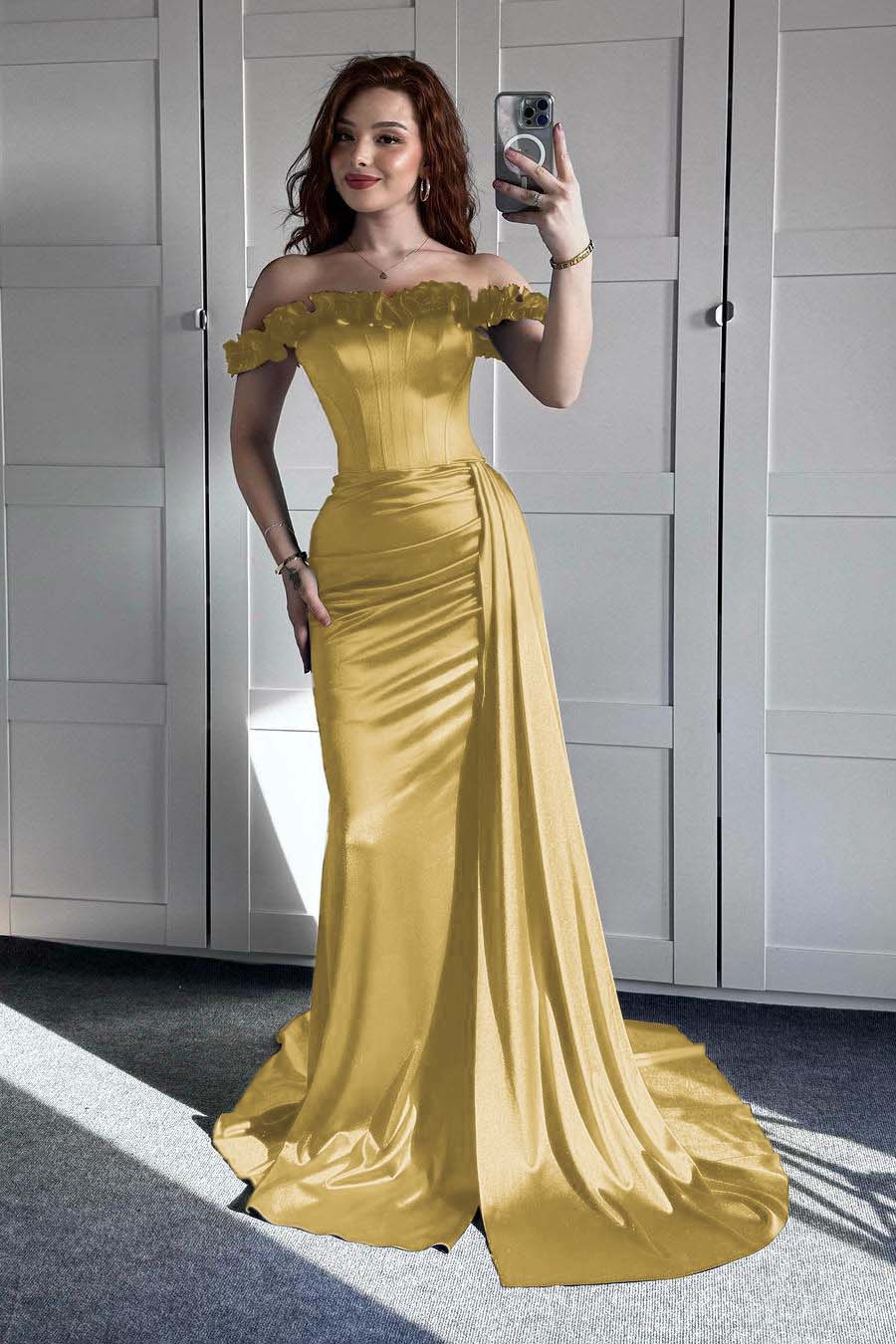 Off the Shoulder Sleeveless Mermaid Long Prom Dress With Ruffles