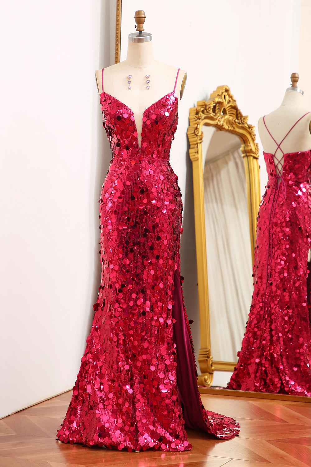 Sparkly Purple Mermaid Spaghetti Straps Sequins Long Prom Dress with Slit