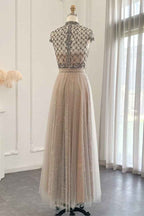 Champagne Jewel Neck Beading A Line Prom Dress Tulle Diamond Studded